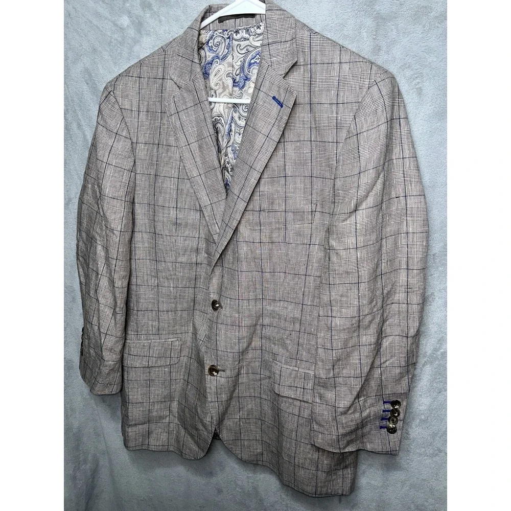 J Hilburn Sport Coat Mens Size 41rR Brown Plaid  Linen Hemp Two Button Blazer
